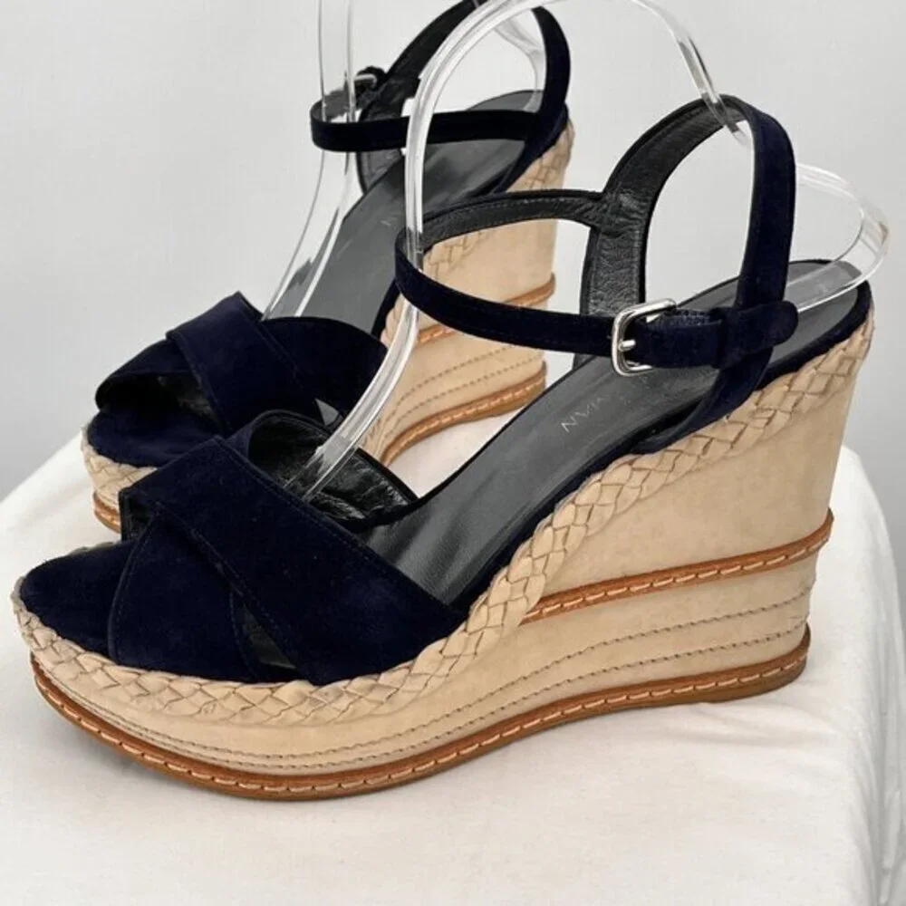 Stuart Weitzman Wedge Heeled Sandals Suede Navy Blue/Ivory 11.5 Ankle Strap Open